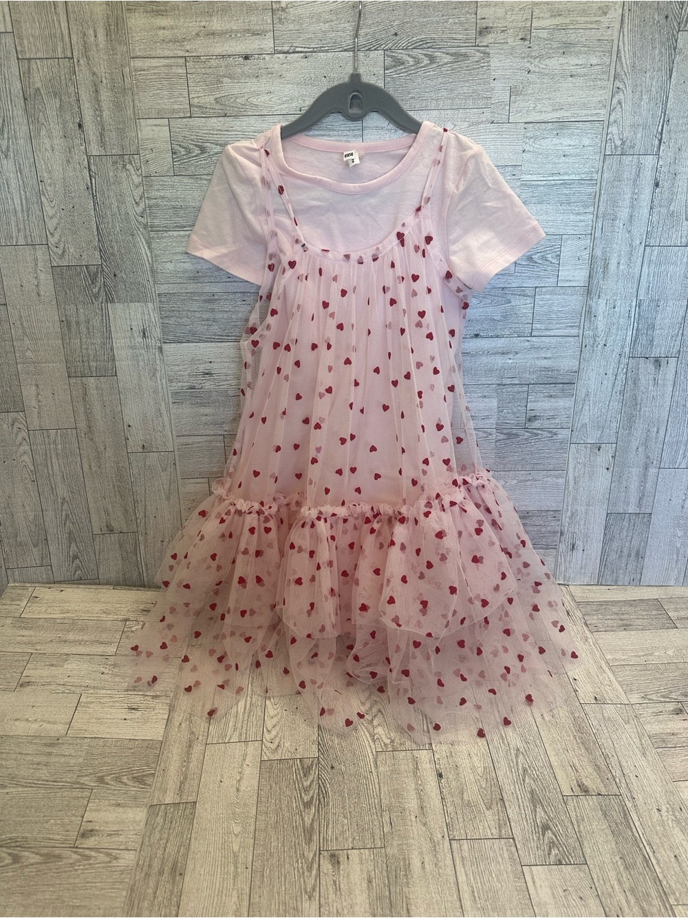 Girls' Pink velvet Heart Tulle Layered Dress w long Tee dress underneath size 4T